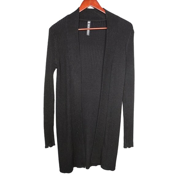 Design Labs Lord & Taylor Knit Long Duster Cardigan Sweater Black Zipper Sleeve - Picture 2 of 7